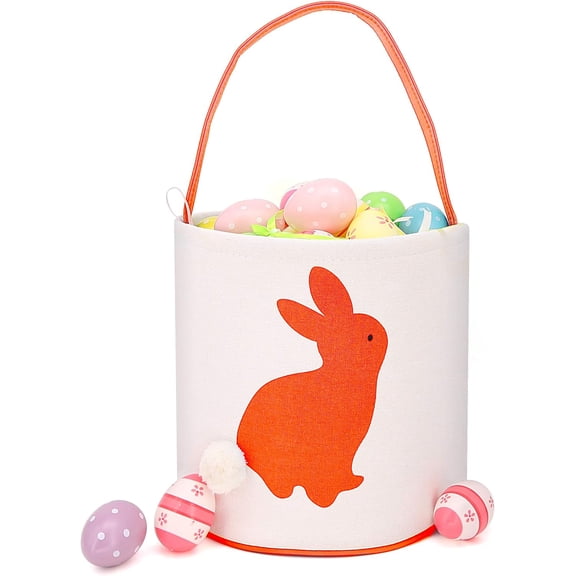 Easter Bunny Bag & Basket for Egg Hunts. Children's Tote Handbag Container with Dual Layer Bunny Ears Design, Excellent for Carrying Eggs, Candy, Gifts at Easter Party. (Cylinder Orange)