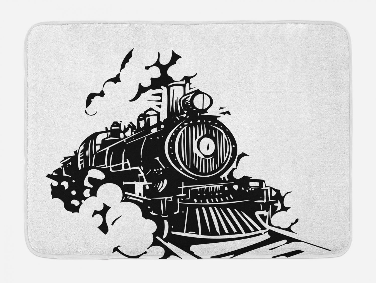 Train Bath Mat, Monochromatic Woodcut Illustration of Railroad