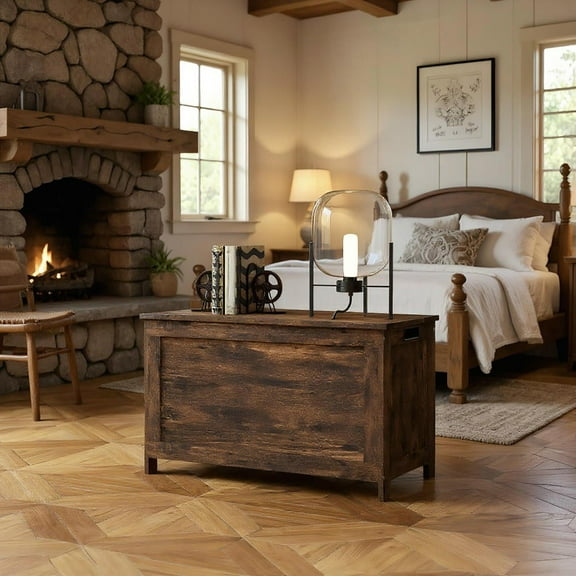 Resenkos 29.9" Wooden Storage Trunk/Bench with 2 Safety Hinges and Side Handles for Playroom - Rustic Brown