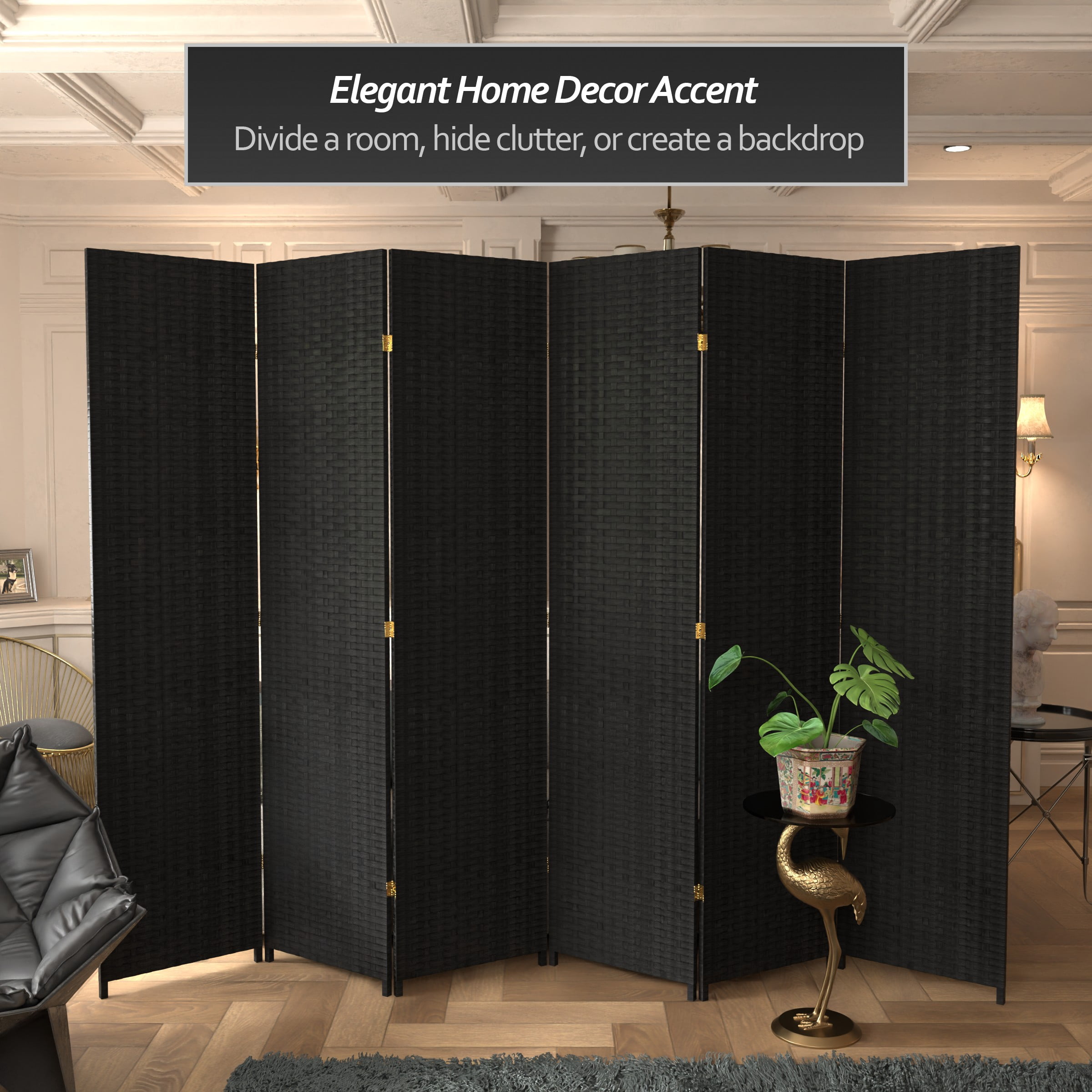 Red Lantern 7 ft. Tall Woven Fiber Folding Screen - Black - 6 Panel