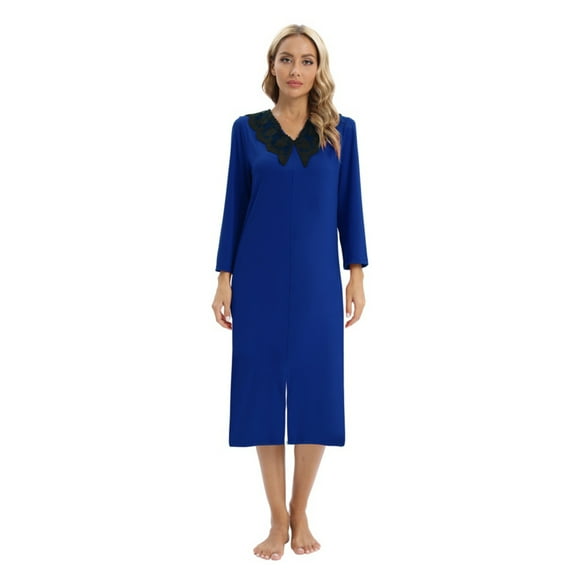 Monfince Women's Nightdress Lace Milk Silk Satin Nightgowns Long Sleeve Front Split Sleepwear Blue US 6-14