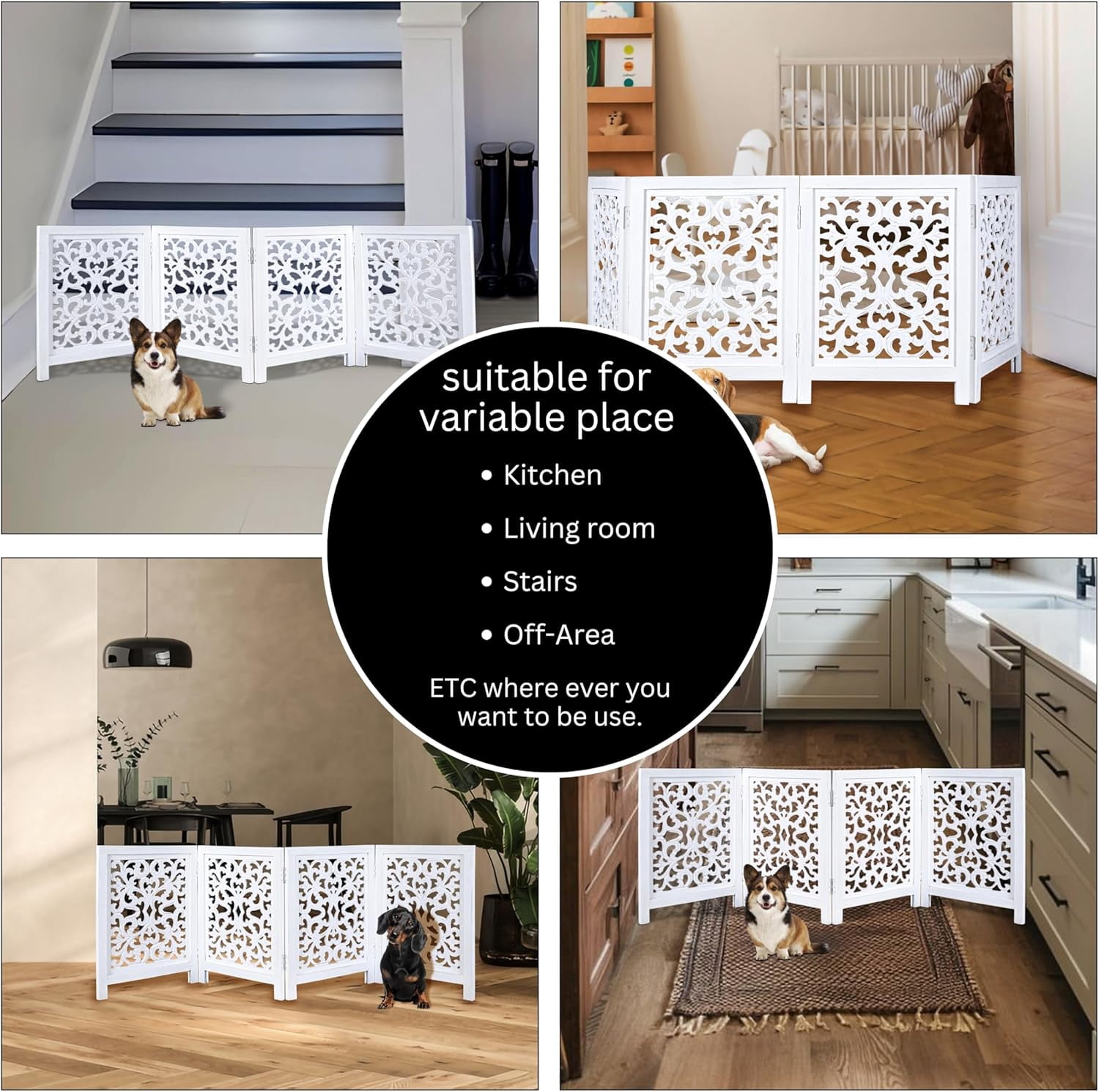 Free Standing Dog Gate – 4 Panel Foldable Wooden pet gate Indoor 72" W x 24" H, Hand-Carved Solid Wood & MDF, Portable Indoor Gate for Doorways, Halls, Stairs – Fully Assembled, Antique White