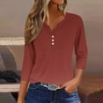 thumbnail image 2 of Lovskoo Summer Tops for Women 2024 V Neck 3/4 Sleeve Trendy Casual Solid Color T Shirt Buttons Blouse Casual Tops Coffee, 2 of 6
