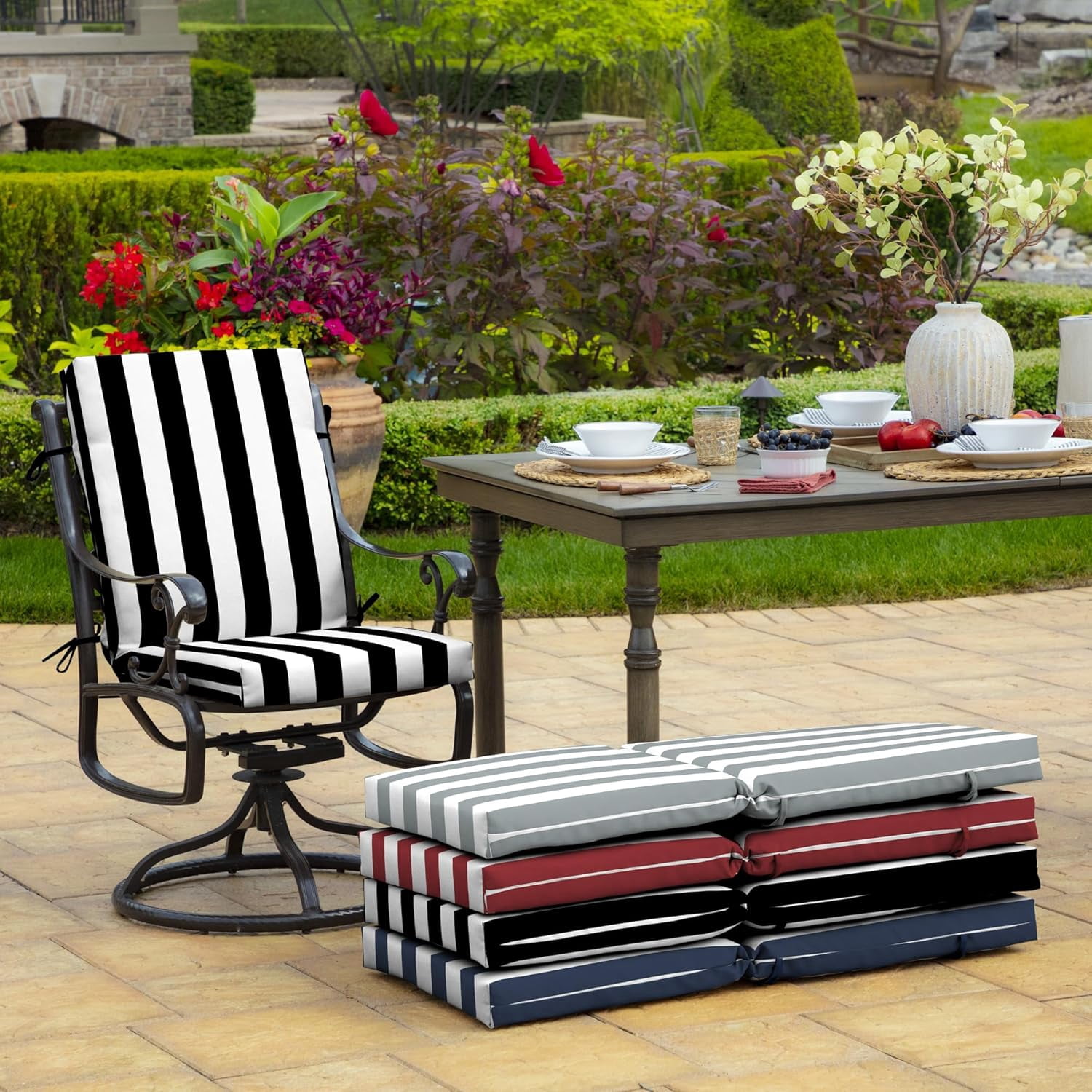Arden Outdoor Patio Dining Chair Cushion, 20x44, Rain-Proof Seat Pad, Fade-Resistant Outdoor Cushion Black Cabana Stripe