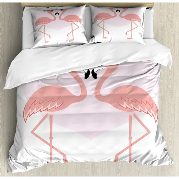 Kissing Duvet Cover Set, Flamingo Birds in Front of Pinkish Heart Shape Illustration on Plain Background, Decorative 3 Piece Bedding Set with 2 Pillow Shams, Queen Size, White Blush, by Ambesonne
