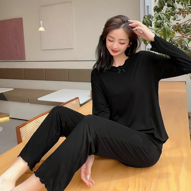 Womens Pajama Sets Summer Pj Set Long Sleeve Top Built In Bra With Long Pants Sleepwear 2 Set