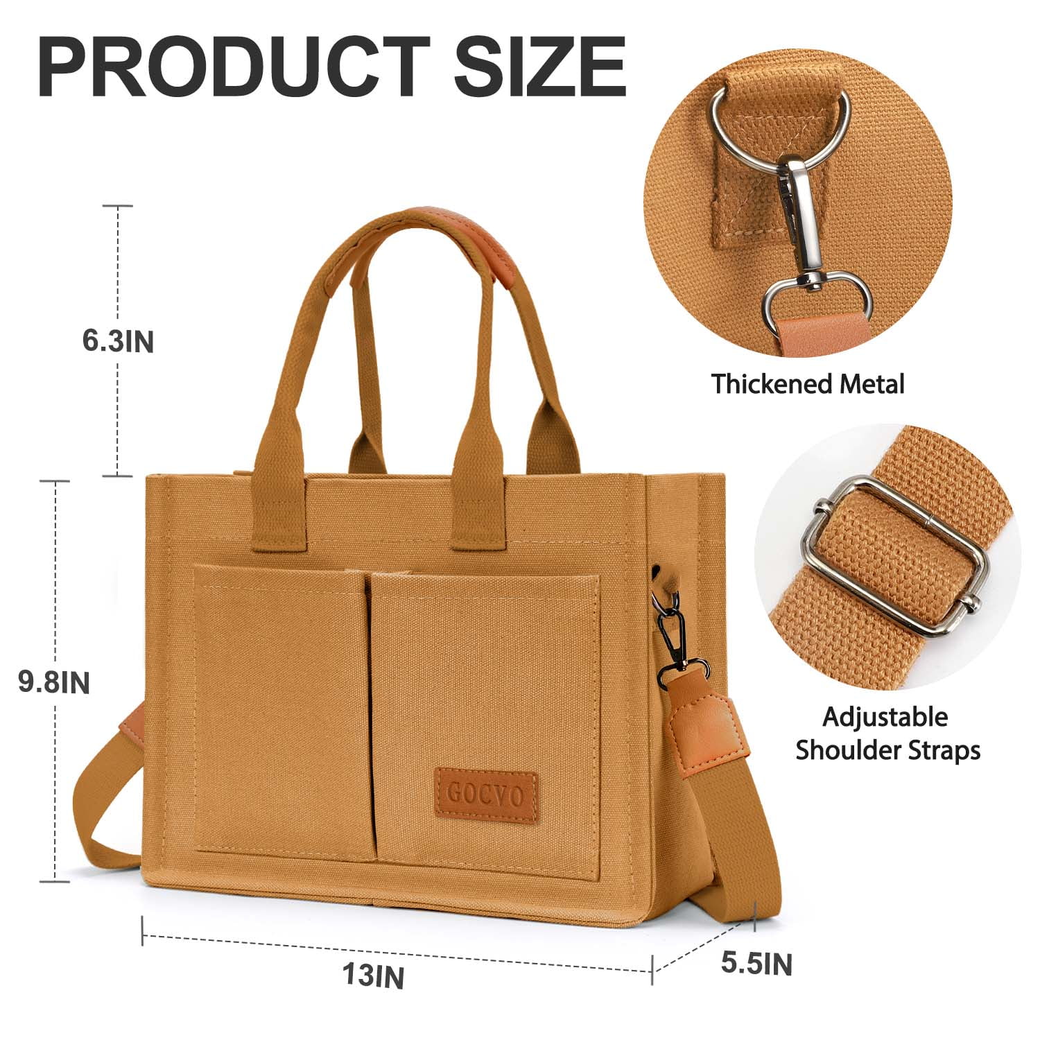 Gocvo Canvas Tote Bag for Women, Large Multi-Pocket Shoulder Handbag, Crossbody Messenger Bag, Brown