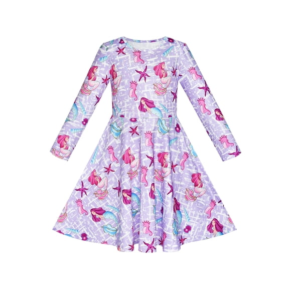 Girls Dress Mermaid Sea Star Shell Long Sleeve Casual Dress 8 Years
