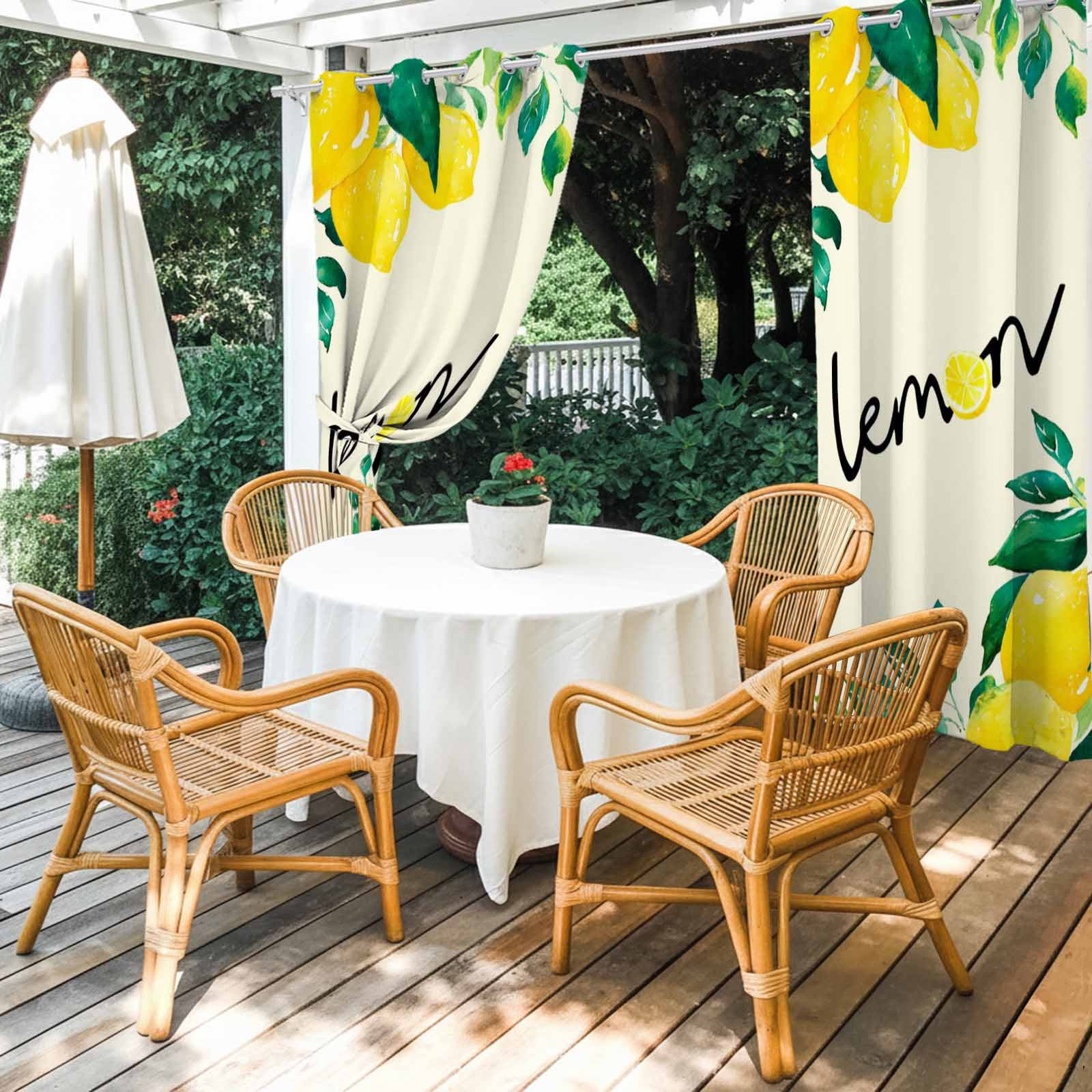 Botanical Lemon Outdoor Curtains for Patio, Watercolor Yellow Fruit Green Leaves Plant Sunshade Privacy Drapes Grommet Waterproof Outside Curtains for Porch/Cabana/Balcony 54"x 108", 1 Panel