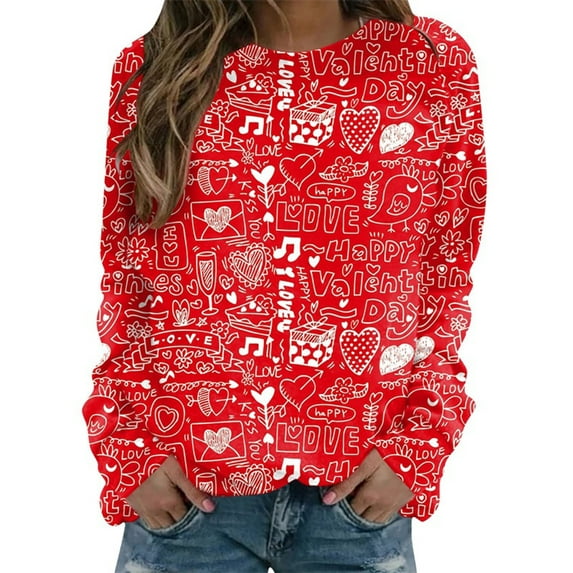 Seyurigaoka Valentine's Day Women Casual Sweater, Long Sleeve Round Neck Loose Autumn Pullover Tops
