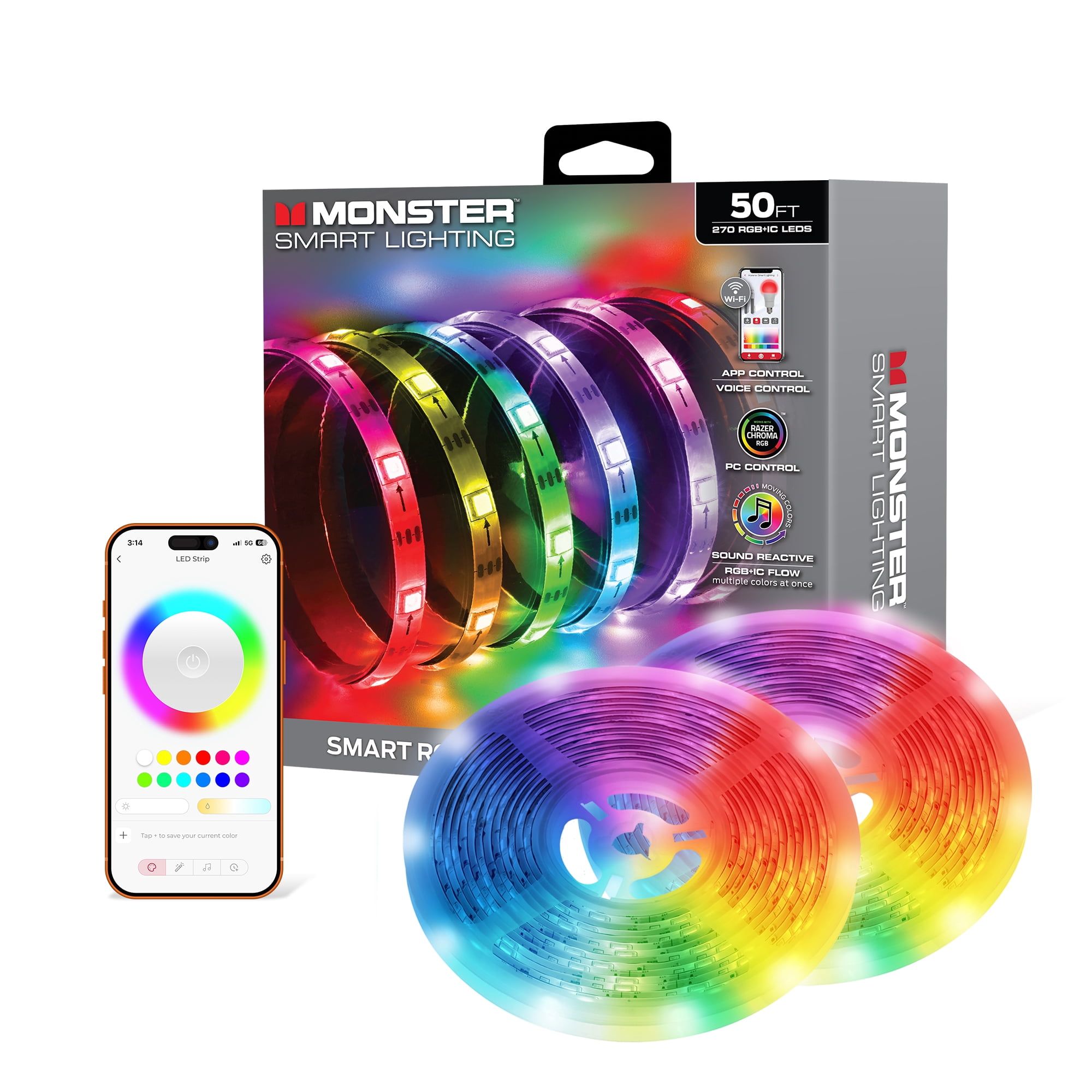 Monster Smart 50ft LED Strip Lights, Multicolor LED Lights for Bedroom, Sound Reactive, App & Voice Control