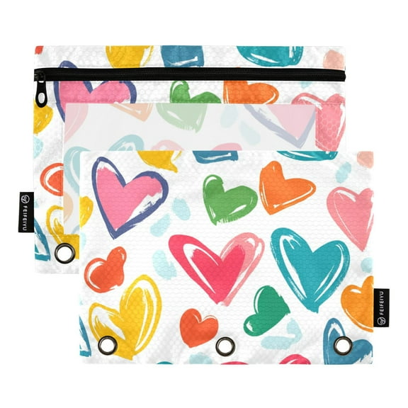 Pencil Pouch for 3 Ring Binder, Binder Pencil Case with Smooth Zipper, Clear Window Pencil Case for Binder, Big Capacity 3 Ring Binder Pencil Bag with 3 Reinforced Grommets. Colorful Painting Hearts