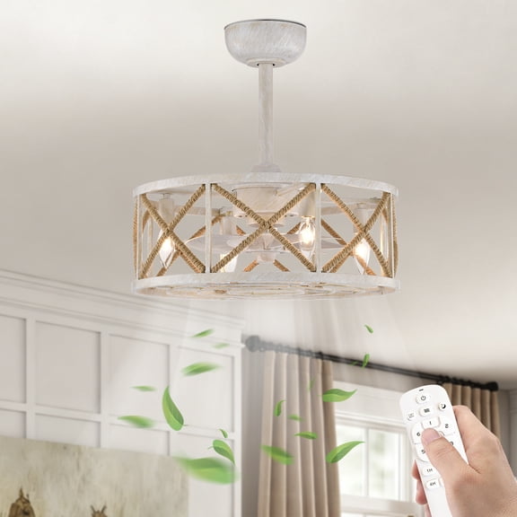 Maxax 18.9" Farmhouse Ceiling Fan with Lights, Vintage White 7-Blade Fan, 6-Speed Remote, Reversible Motor, 4 E12 Sockets, Bedroom Dining Room Living Room