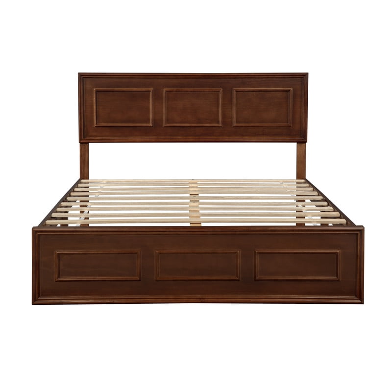 Vintage Queen Size Platform Bed with Adjustable Height Headboard, Wooden Low-Profile Bed Frame with Under-Bed Storage