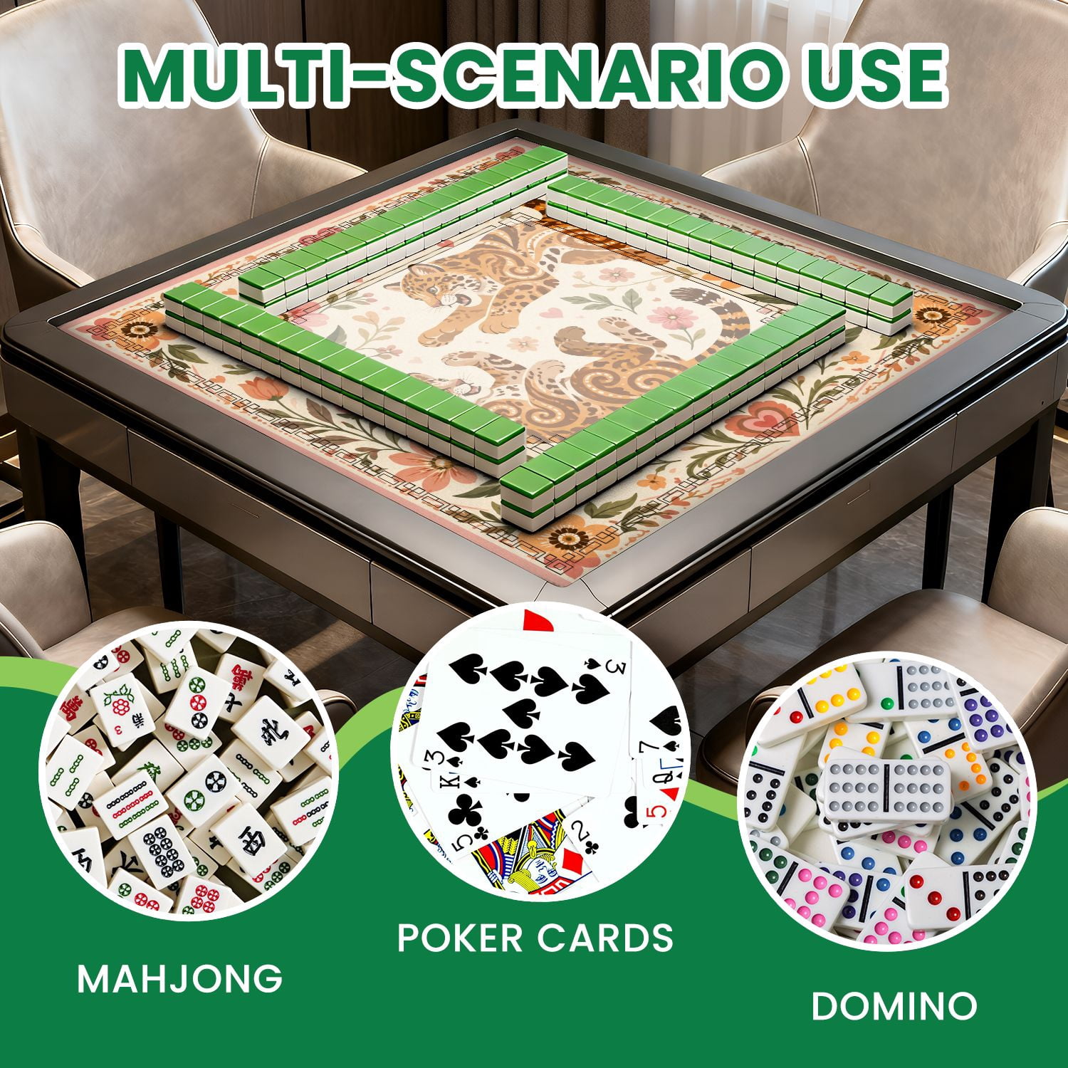 Mahjong Mat 31.5" x 31.5" Playful Jaguars Floral Swirls Heart Details Soft Pastel Colors Non-Slip Noise Reduction American Mahjong Tiles Table Cover for Dominoes Poker Card Board Games Gift