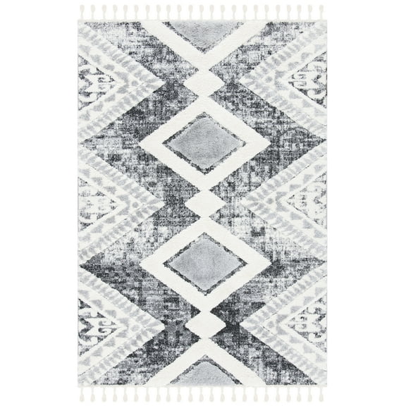 SAFAVIEH Moroccan Tassel Bronte Geometric Shag Area Rug, Grey/Ivory, 5'3" x 7'6"