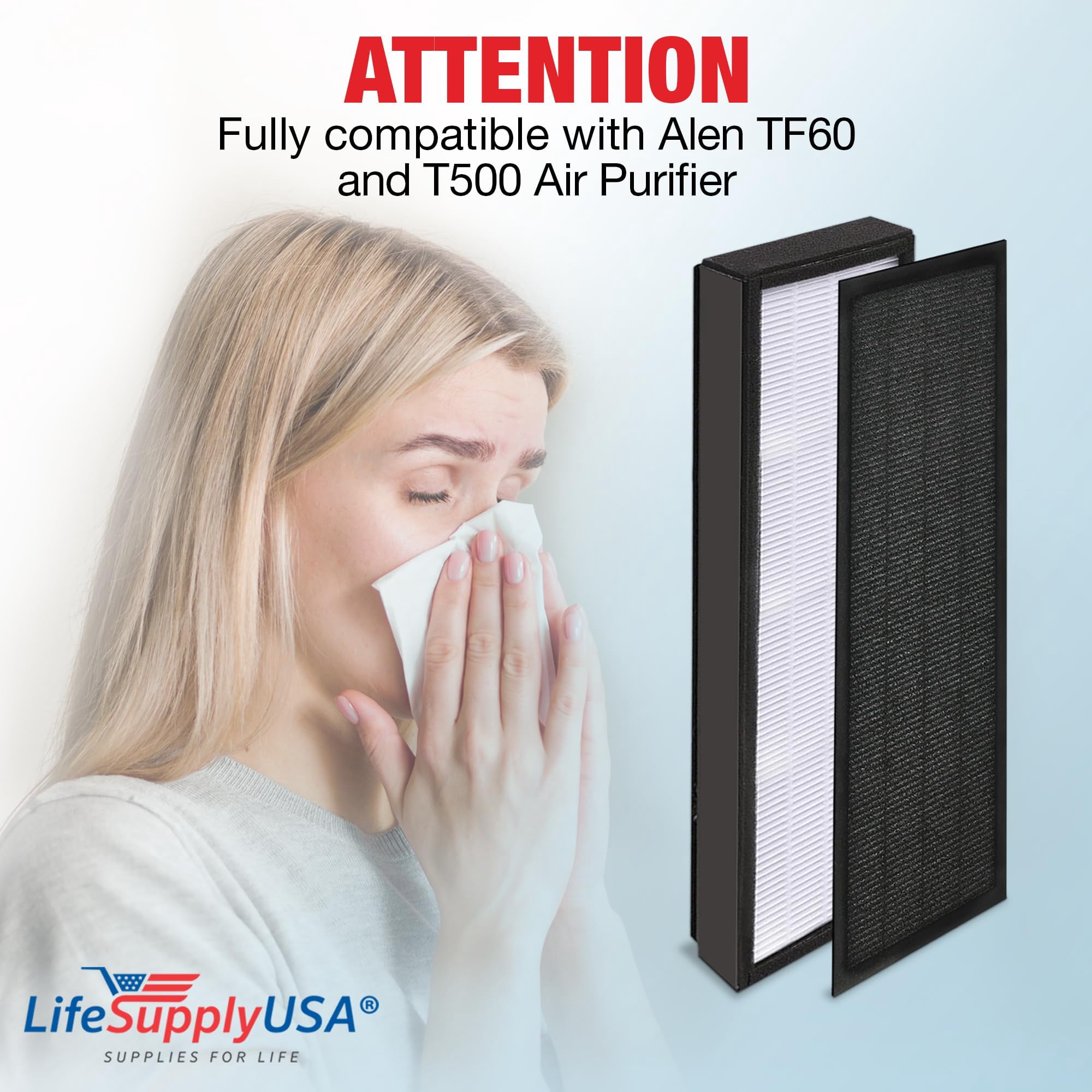 TF60 HEPA Filter Replacement Compatible with Alen T500 Air Purifier -True HEPA + Activated Carbon by LifeSupplyUSA (2-Pack)