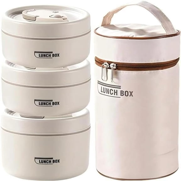 Portable Insulated Food Lunch Container Set, 3 Counts Thermal Lunch Boxes & 1 Count Insulated Bag, 3 Separate Stackable Lunch Container (Beige