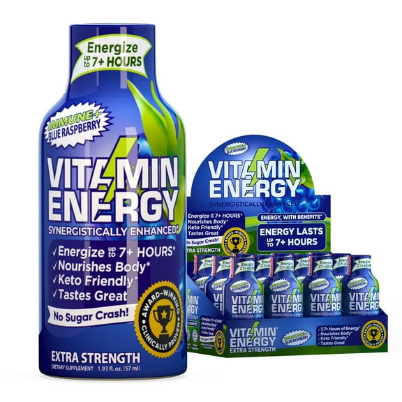 Vitamin Energy Immune Extra Strength Shot, Blue Raspberry, 12 Pack – 260mg Natural Caffeine, B-Vitamins & Citicoline, Zero Sugar, 1.93 fl oz