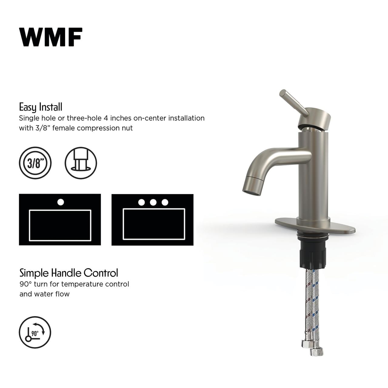 WMF-4316SS-S - Stainless Steel 4" Single Handle Lavatory Faucet, Bathroom Sink Faucet with Pop Up and Deck Plate, Brushed Nickel Finish