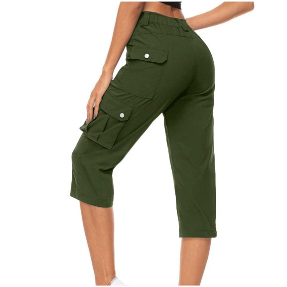 frariair Women's Elastic Waist Pocketed Capris Outdoor Adventure Pants Lightweight Breathable Street Style Chic Casual Drawstring Army Green