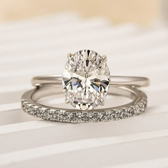 Kalapi Jewelry 1.7 Ct Oval Cut Moissanite Hidden Halo Ring - 14K White Gold Plated Engagement Ring Set for Women - Elegant Wedding Ring Set for Her - Gift for Anniversary or Proposal