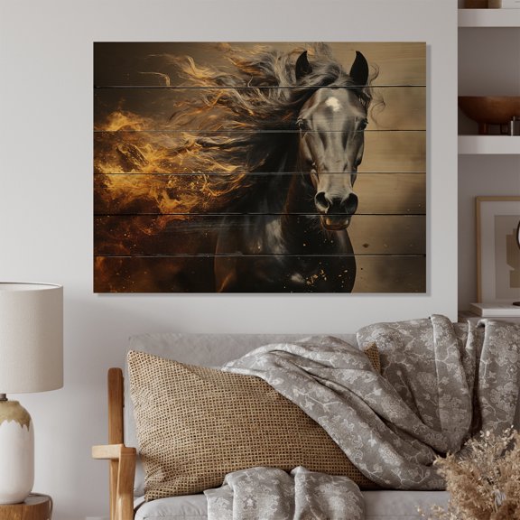 Designart "Vibrant Gold Black Yellow Horse I" Animals Print on Natural Pine Wood