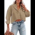 thumbnail image 3 of Camisas de Mujer con Botones, Tops Casuales de Larga, Blusa con Solapa y Bolsillo en el Pecho Caqui XXL, 3 of 8