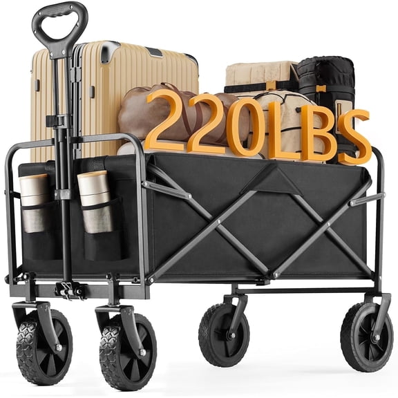 Foldable Wagons Carts with All-Terrain Wheels, Portable Shopping Wagon Large Capacity Utility Cart with Drink Holders, Heavy Duty Collapsible for Sand, Beach, 30 inch, Black