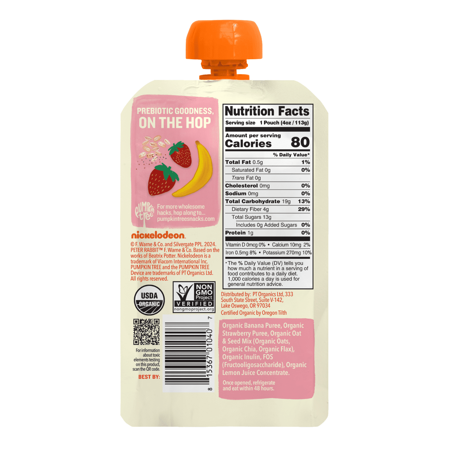 Pumpkin Tree Organics Peter Rabbit Prebiotic Fiber, Oats and Seeds Banana Strawberry Fruit Snack, 4 Ounce Squeeze Pouch
