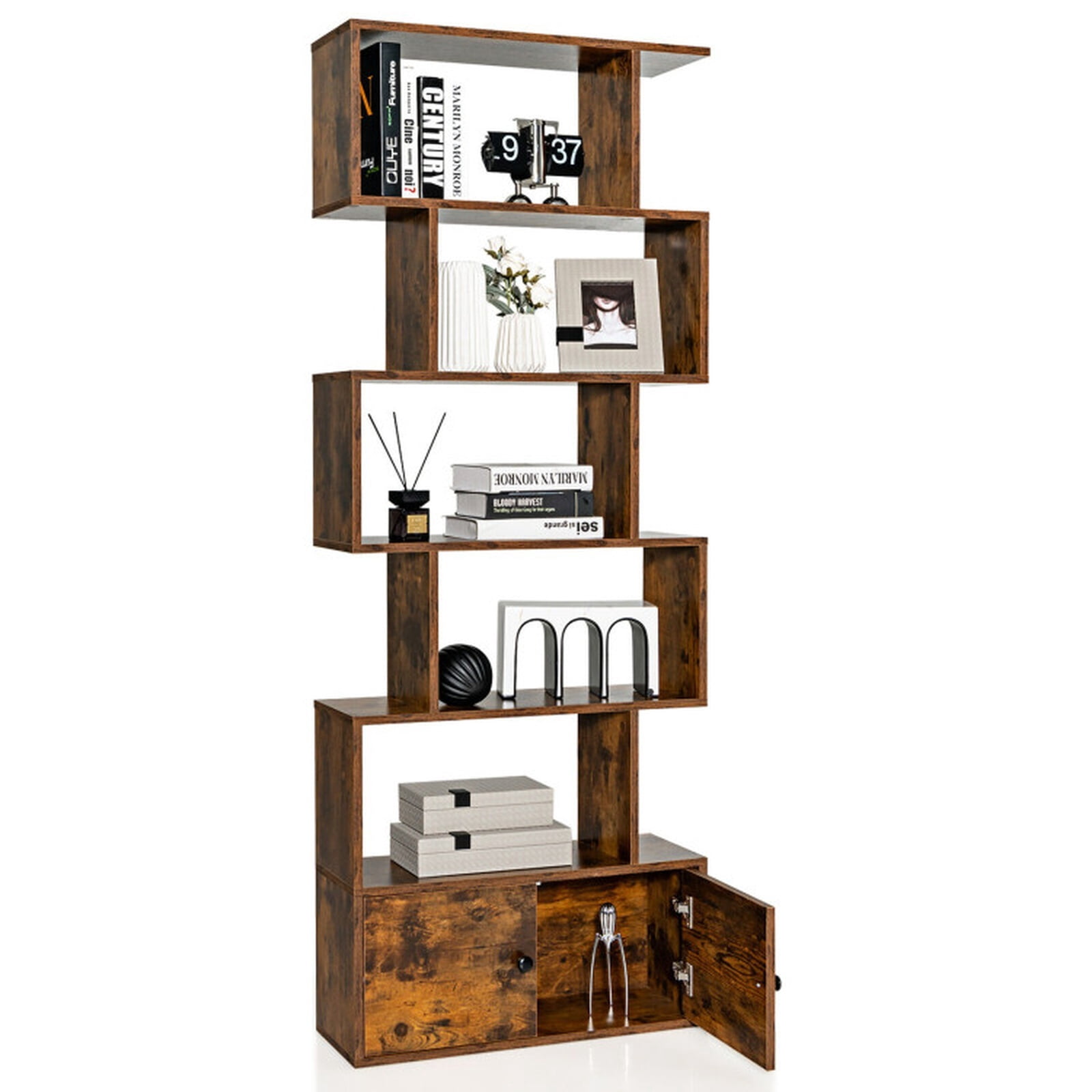 Furnibear 6-Tier S-Shaped Freestanding Bookshelf with 5 Open Shelves and Closed Cabinet Tall Wood Storage for Bedroom and Office, Coffee