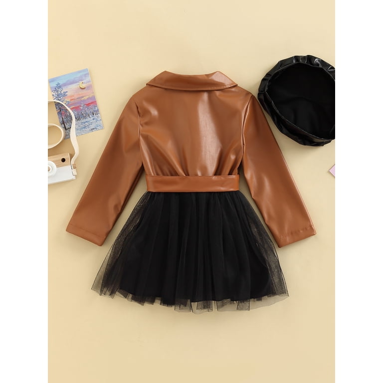 Toddler Kids Baby Girl Fall Winter Clothes 3Y 4Y 5Y 6Y 7Y Long Sleeve PU  Faux Leather A-Line Tulle Tutu Dress Beret Hat Outfit - Walmart.com