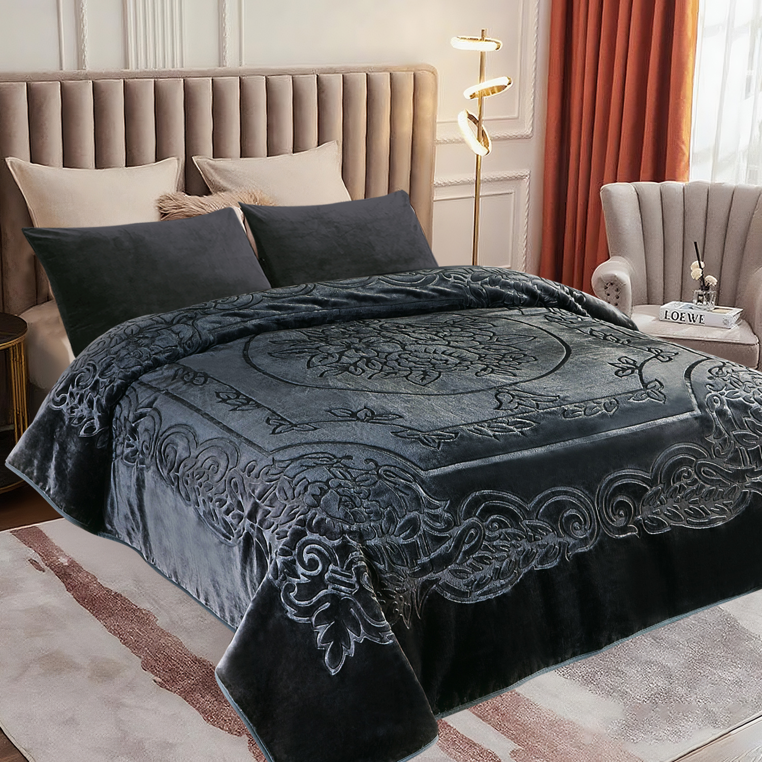 Heavy Thick Fleece Blanket King Size, 9lbs,1 Ply Silky Soft Warm Flower Embossed Raschel Winter Blanket, Minky Soft Plush Blanket for Sofa Bed, 85"x95", Dark Gray