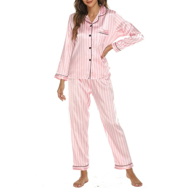 Pijamas Mujer, Conjunto de pijamas para mujer, manga larga, satén suave, cuello con muescas, botones Abody Rosa-C/Medio