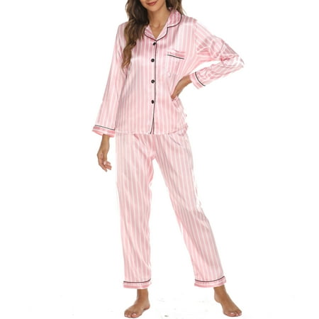 

Maboto Women Pajamas Set Long Sleeve Soft Satin Notched Collar Button Down Pjs Sleepwear
