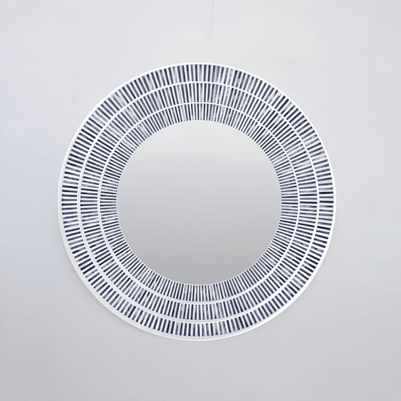 RUDRAKSHA CORPORATION Bone Inlay Round Mirror – Blue & White Striped Frame, Modern Coastal Wall Decor