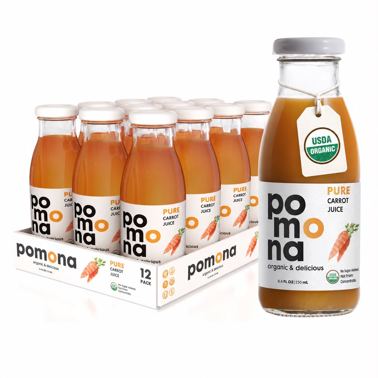 Pomona Organic Juices Carrot Juice: Pack of 12 x 8.4 Ounce Bottles Organic Juice Non-GMO No Sugar Added Not from Concentrate Gluten-Free Kosher Certified Preservative Free