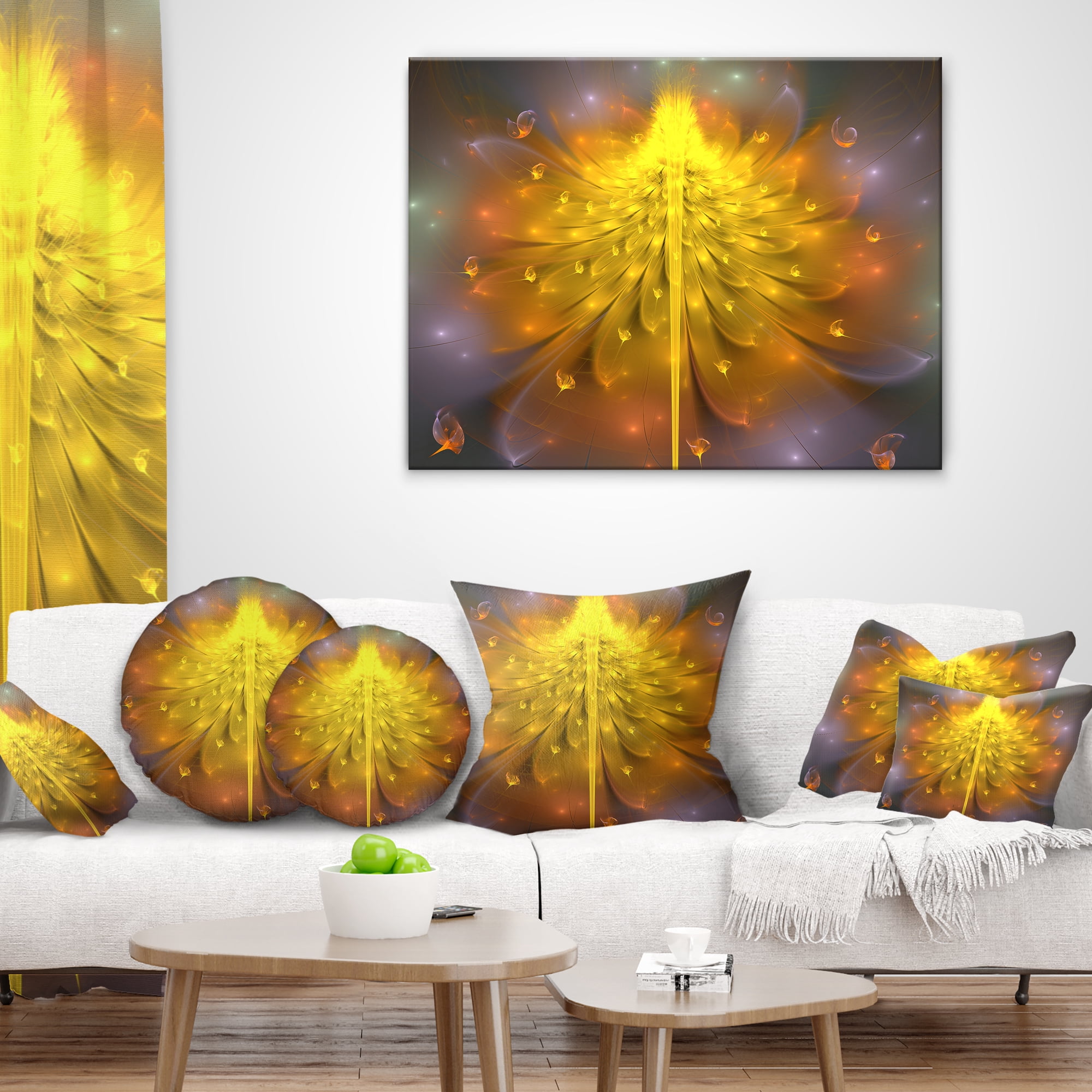 Designart Yellow Fractal Flower with Pink - Floral Throw Pillow - 18x18