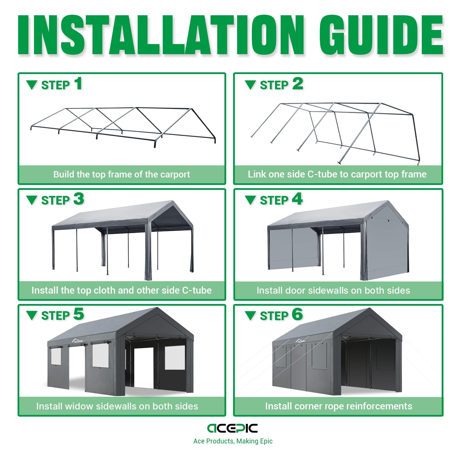 Acepic Carport 10x20ft Heavy Duty Carport Features Roll-up Windows & Doors, Portable Garage with UV Resistant Waterproof All-Season Tarp for Car, Truck, Boat