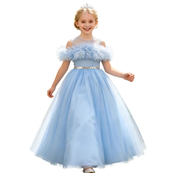 Angala Toddler Girls Dresses Solid Evening Gown Maxi Dresses Off Shoulder Fashion Elegant Comfortable Birthday Evening Party Child Summer Outfit Size 3-4 Years Blue
