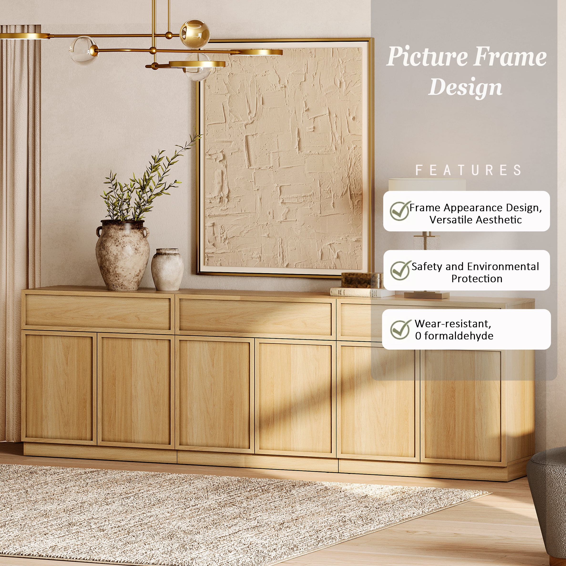 94.5" Modern Sideboard Buffet Cabinet with 6 Doors and Drawers, Multifunctional Sideboard with Large Storage and Adjustable Shelf, Oak