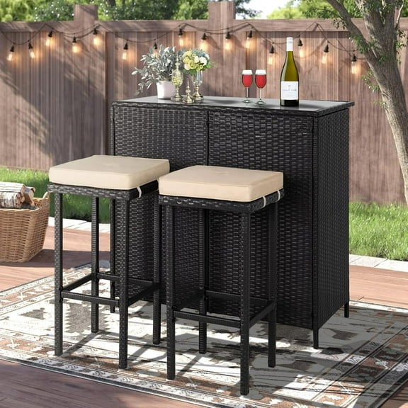 Suncrown 3 Pcs Wicker Bar Set with Cushioned Stool and Patio Bar, Brown