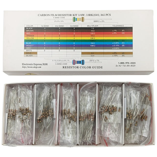 EX ELECTRONIX EXPRESS Kit de Résistance 365 Pcs 1/4 Watt avec Guide de Couleur et Guide de Référence sur Boîte de Rangement en Carton - Grande Variété de Valeurs
