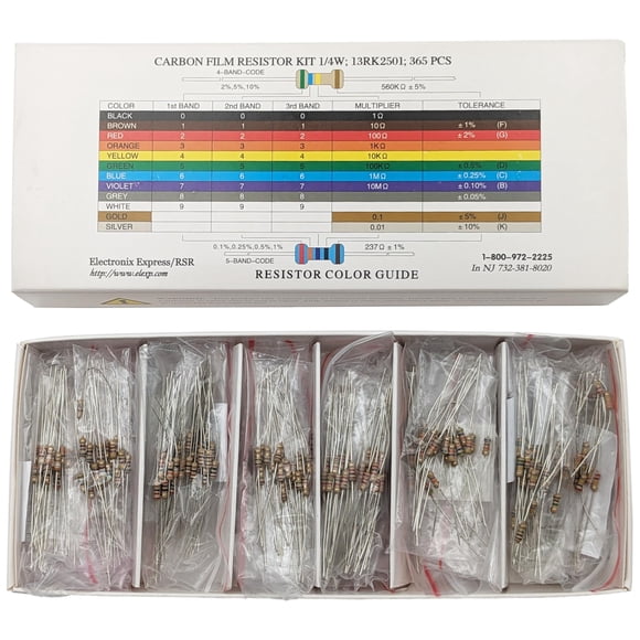 EX ELECTRONIX EXPRESS 365 Piece 1/4 Watt Resistor Kit with Color Guide and Reference Guide on Cardboard Storage Box - Wide Variety of Values