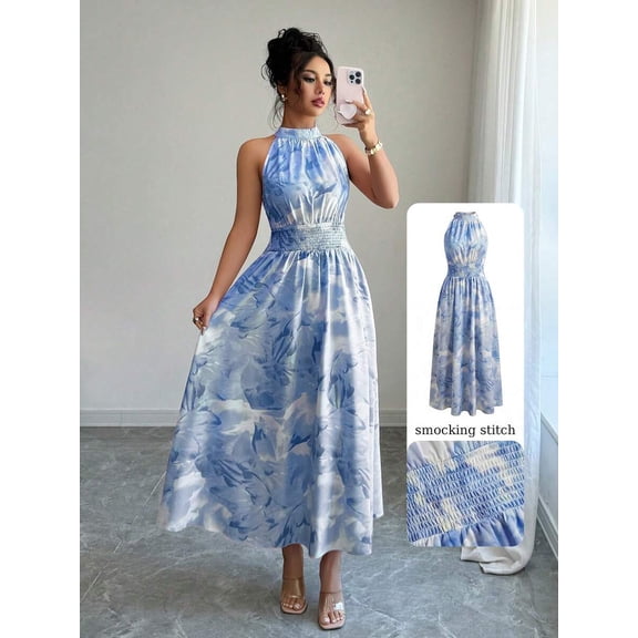 Blue Watercolor Floral Print Halter Neck Smocked Waist A-Line Maxi Dress For Women