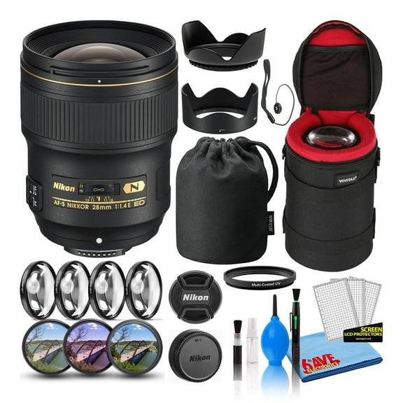 Nikon AF-S NIKKOR 28mm F/1.4E ED Prime Lens (20069) Intl with Padded Lens Case   Macro Filter Kit   UV, CPL, FL Lens Filters   Tulip Hood   Lens Cap Keeper   Cleaning Kit