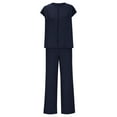 thumbnail image 4 of CheerKidz Two Piece Sets for Women's Summer 2 Piece Outfits Cap Sleeve Round Neck Crop Tops Belted Wide Leg Pant Sets Casual Tracksuit(Navy,2XL), 4 of 6