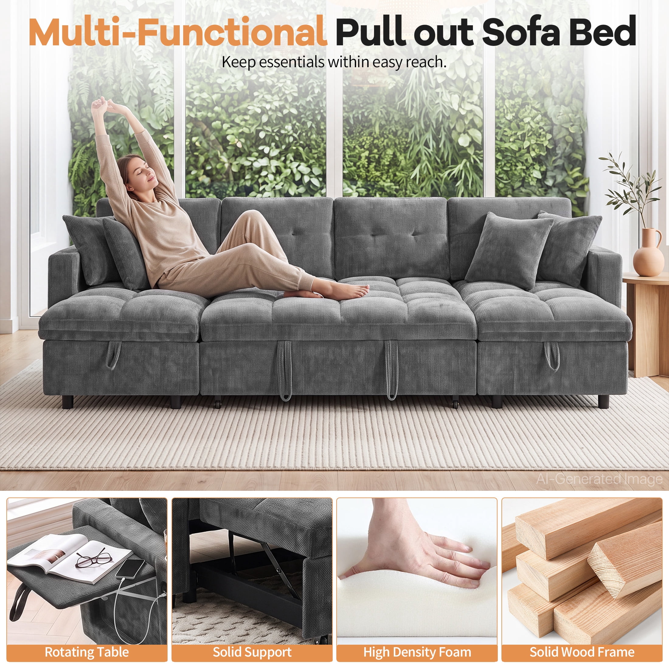 Aenkyo 108" Chenille U-Shaped Sectional Pull Out Sofa Bed with Dual Storage Chaises, Gray