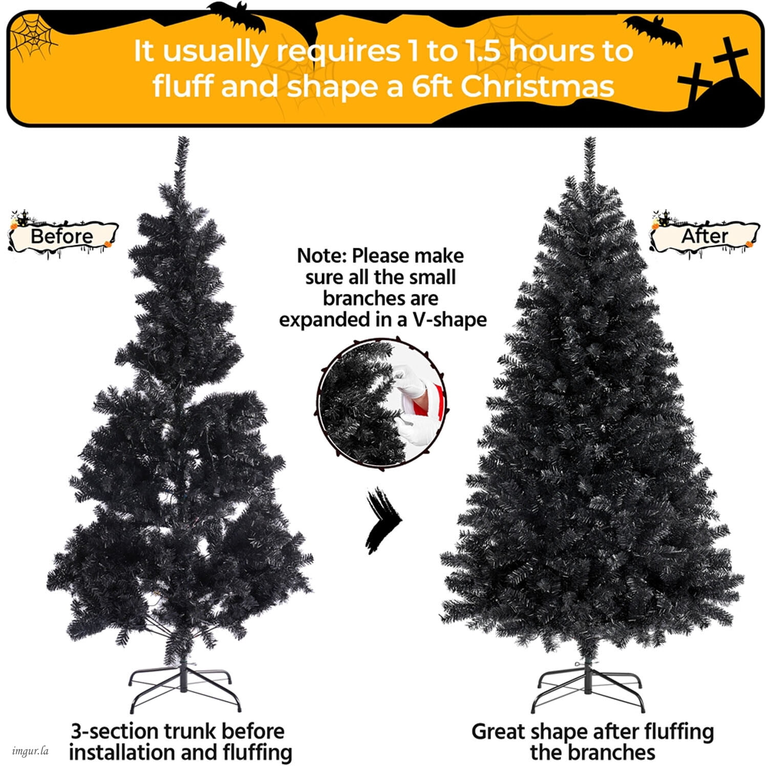Alden Design 6FT Artificial Pre-lit Christmas Fir Tree with Foldable Stand,300 LED Warm Lights,Black