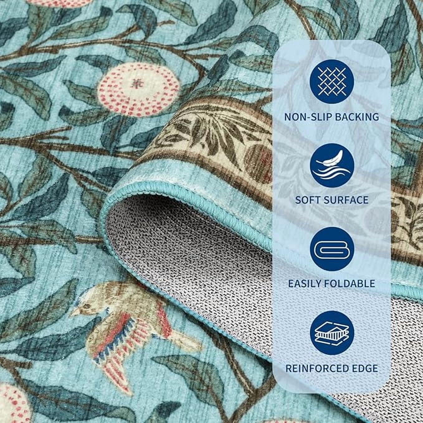 9x12 Botanical Print Washable Rugs Ultra Thin Non Slip Large Area Rug for Bedroom Living Room Ultra Thin Lightweight Cute Throw Carpet for Dining Room Table Classroom Playroom, Light blue
